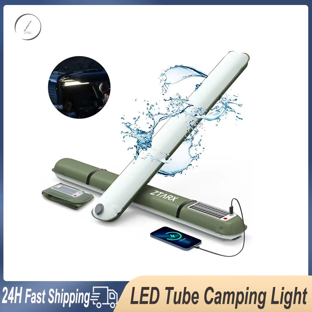 ZTARX Portable LED Tube Light Inflatable Solar Foldable USB Strip Lights for Outdoor Camping Travel Tent Lamp IP66 Waterproof