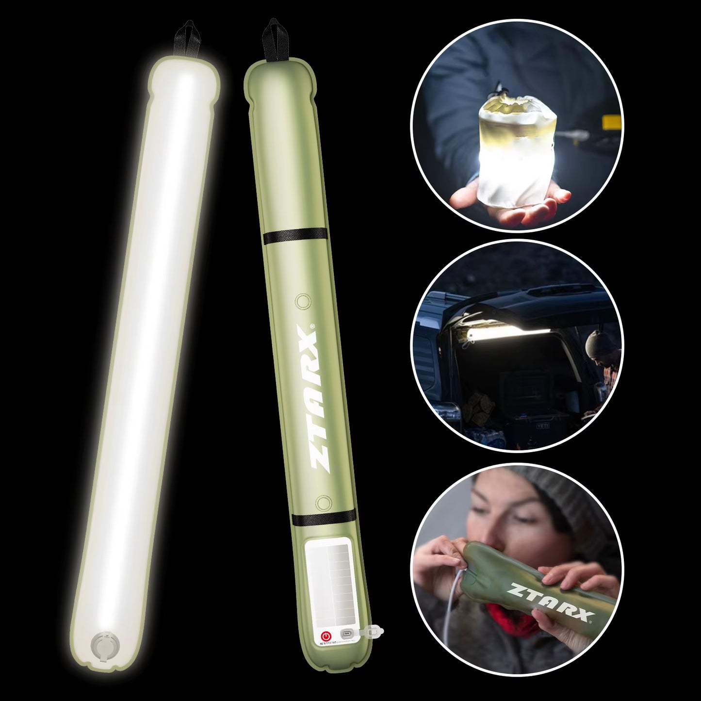 ZTARX Portable LED Tube Light Inflatable Solar Foldable USB Strip Lights for Outdoor Camping Travel Tent Lamp IP66 Waterproof